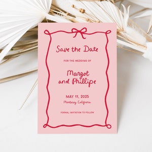 Ribbon and Bow Save the Date Card, Red and Pink Handwritten Style with Wavy Border, Whimsical and Retro Digital Editable Template, SN800_STD