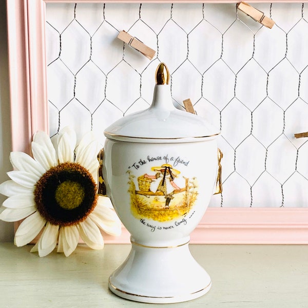 Vintage Holly Hobbie Ceramic Tall Urn Vase Shape Trinket Box with Lid.