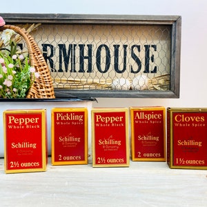 Vintage Schilling Spice Boxes with Original Product. Collection of 5 boxes | Circa 1950’s