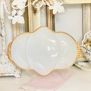Vintage Milk Glass Anchor Hocking Fire King Divided Dish with Gold Color Rim.