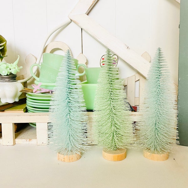 Easter Pastel Color Bottle Brush Trees 8 inch Blue & Jadeite Green Spring Decor NEW Set of 3 | Arts and Craft Decor.