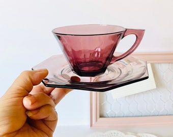 Vintage Set of  Hazel Atlas Moroccan Amethyst Glass Cup and Saucer Set