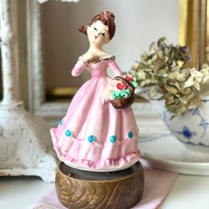 1960s Ceramic Girl Music Box: Brunette with Pink Dress