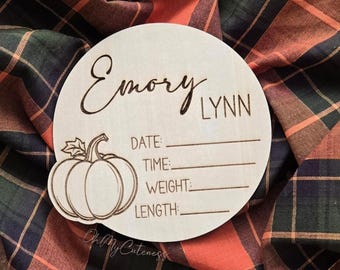 Pumpkin Baby Birth Stat Sign | Wooden Newborn Announcement | Name Plaque | Hospital Sign | Baby Name Plate | Fresh 48 Sign | Custom | Fall