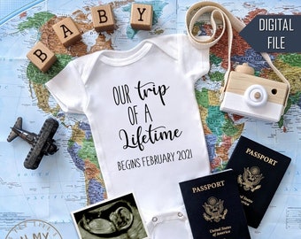Trip of a Lifetime | Digital Pregnancy Announcement | Travel Baby Theme | Social Media Pregnancy Announcement Idea | Facebook Instagram
