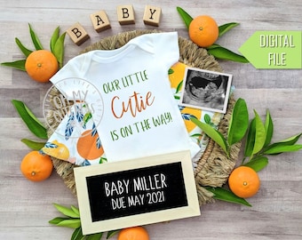 Mała Słodziak w drodze – cyfrowe ogłoszenie o ciąży | Pomysł na ogłoszenie ciąży w mediach społecznościowych Cuties Oranges Citrus | Facebook Instagram