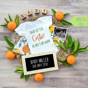 Little Cutie on the Way Digital Pregnancy Announcement | Cuties Oranges Citrus Social Media Pregnancy Announcement Idea | Facebook Instagram