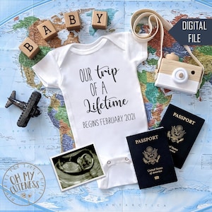 Trip of a Lifetime Digital Pregnancy Announcement Travel Baby Theme Social Media Pregnancy Announcement Idea Facebook Instagram image 1