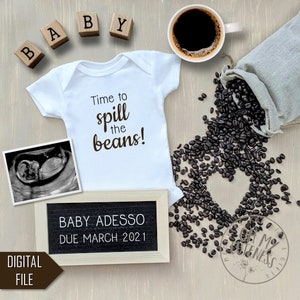 Spill the Beans Digital Pregnancy Announcement | Neutral | Coffee | Coffee Beans | Social Media Pregnancy Announce Idea | Facebook Instagram