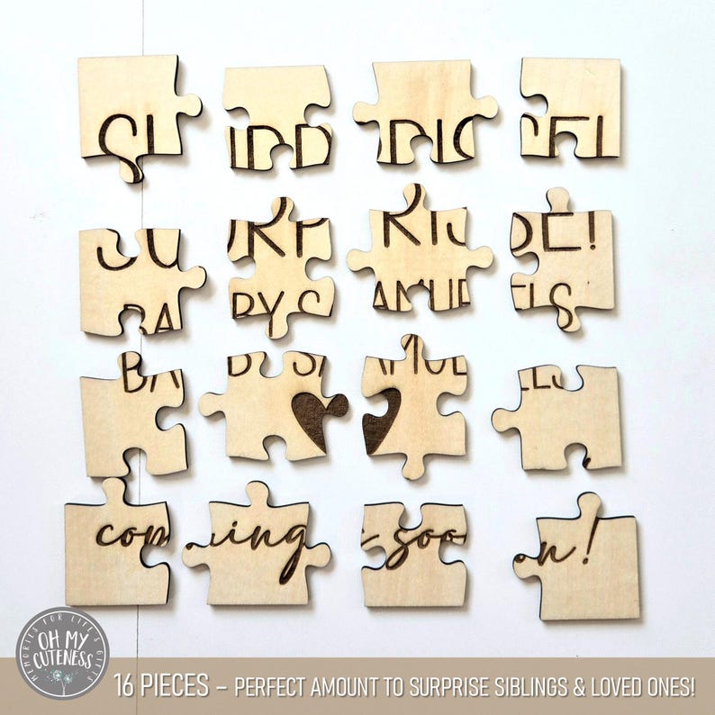 May include: A wooden puzzle with 16 pieces that reads "Our little bundle of joy is coming soon!" The puzzle pieces are in the shape of jigsaw pieces and are arranged in a grid pattern.