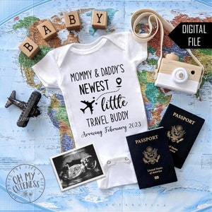 Newest Travel Buddy Digital Pregnancy Announcement | Travel Baby Theme | Luggage | Social Media Pregnancy Announcement Idea| FB Instagram