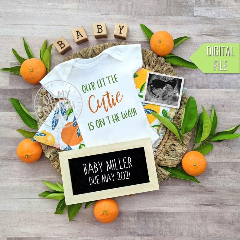 Little Cutie on the Way Digital Pregnancy Announcement Cuties Oranges Citrus Social Media Pregnancy Announcement Idea Facebook Instagram image 1