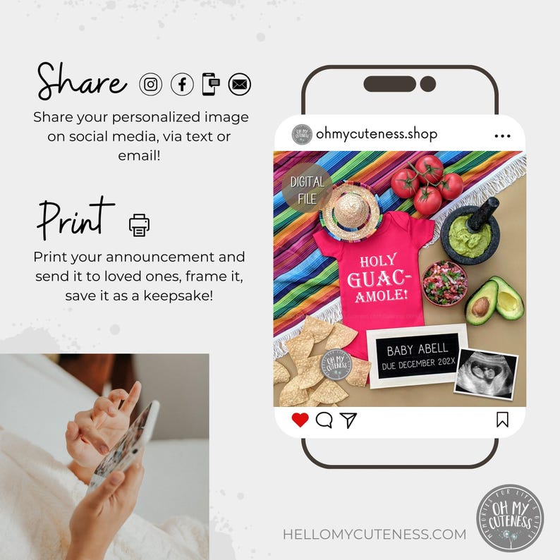May include: A pink onesie with the text "HOLY GUAC-AMOLE!" on a colorful Mexican blanket with a guacamole bowl, tomatoes, avocados, and tortilla chips. A sign reads "BABY ABELL DUE DECEMBER 202X".