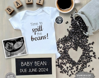 Time to Spill the Beans Digital Pregnancy Announcement | Coffee Baby Announcement | Edit Yourself Today! | Social Media Announcement Idea