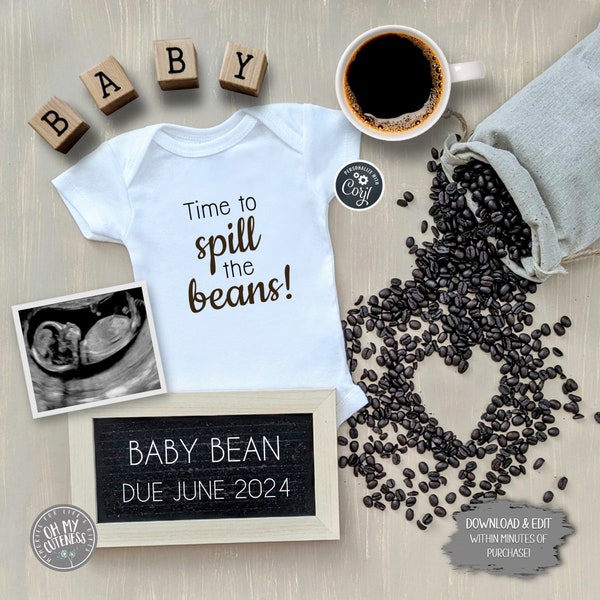 Time to Spill the Beans Digital Pregnancy Announcement | Coffee Baby Announcement | Edit Yourself Today! | Social Media Announcement Idea