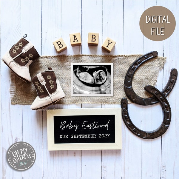 Cowboy Cowgirl Digital Pregnancy Announcement | Neutral Baby | Farm Ranch Boots | Social Media Pregnancy Announce Idea | Facebook Instagram