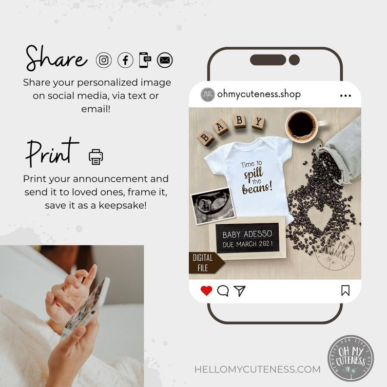 Spill the Beans Digital Pregnancy Announcement Neutral Coffee Coffee Beans Social Media Pregnancy Announce Idea Facebook Instagram image 4