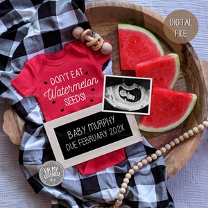Don't Eat Watermelon Seeds Digital Pregnancy Announcement | Summer Theme | Gender Neutral Social Media Announcement Idea | Facebook | Insta