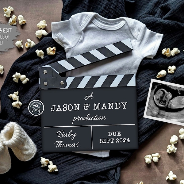 Movie Theme Digital Pregnancy Announcement | Clapperboard | Cinema | Popcorn | Social Media Baby Announcement | Instant Download Edit Today!