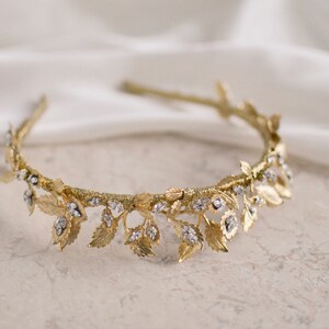 Gold leaf wedding crown / crystal bridal tiara / gold bridal headpiece / style Josephine