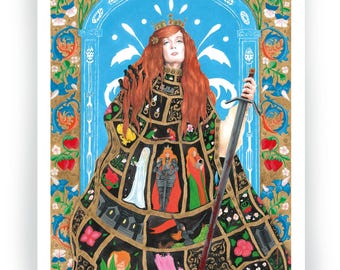 May include: A watercolor illustration of a woman with long red hair wearing a black and gold patterned gown and a crown, holding a sword. The background features a blue arch and ornate floral designs.