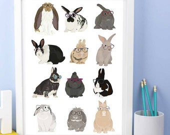 May include: A digital print featuring 12 illustrations of rabbits wearing glasses. The rabbits are various colours and have different coloured glasses. The background is white.