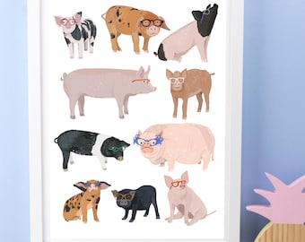 May include: A white framed print featuring a collection of nine pig illustrations. Each pig is wearing a different pair of glasses. The pigs are various colors, including black, white, brown, and pink.