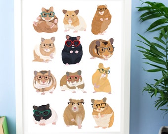 May include: A white framed print featuring a grid of 12 hamsters wearing various styles of glasses. The hamsters are all different colours and have different expressions. The print is a fun and whimsical addition to any home.