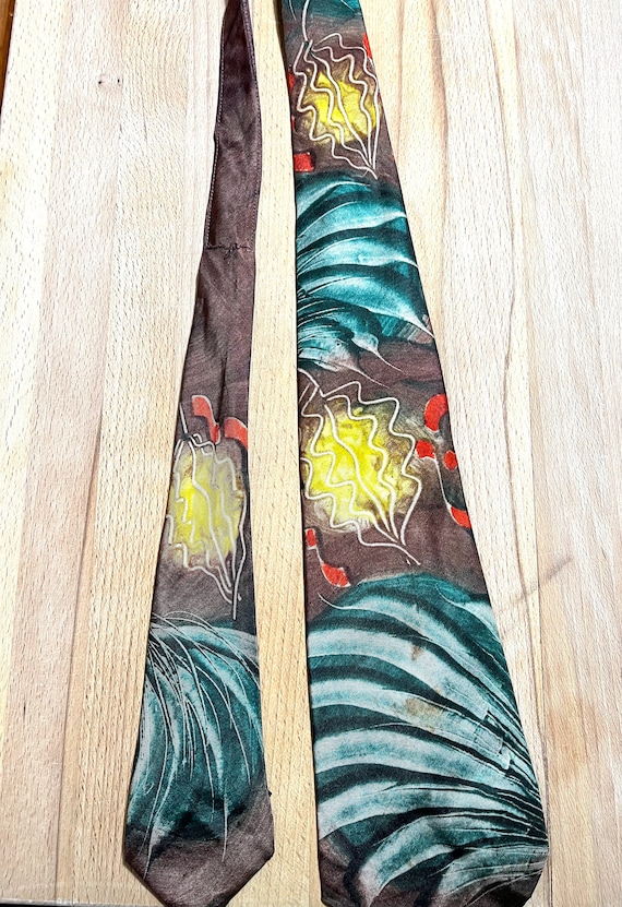 1940s 1950s Fern Fronds Hand Painted Tie - image 2