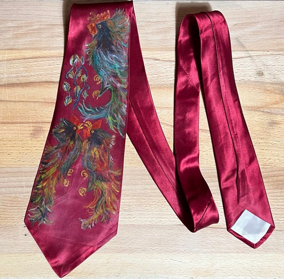 1940s 1950s Cockfight Hand Painted Tie - image 1