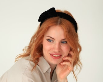 Black Velvet Bow Headband: Retro Padded Women's Headband