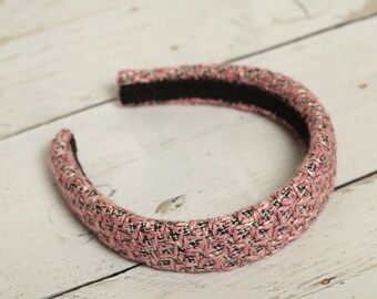 Pink Tweed Padded Headband with Script Accent Pink Tweed Padded Headband, Winter Accessory - Etsy main image 4