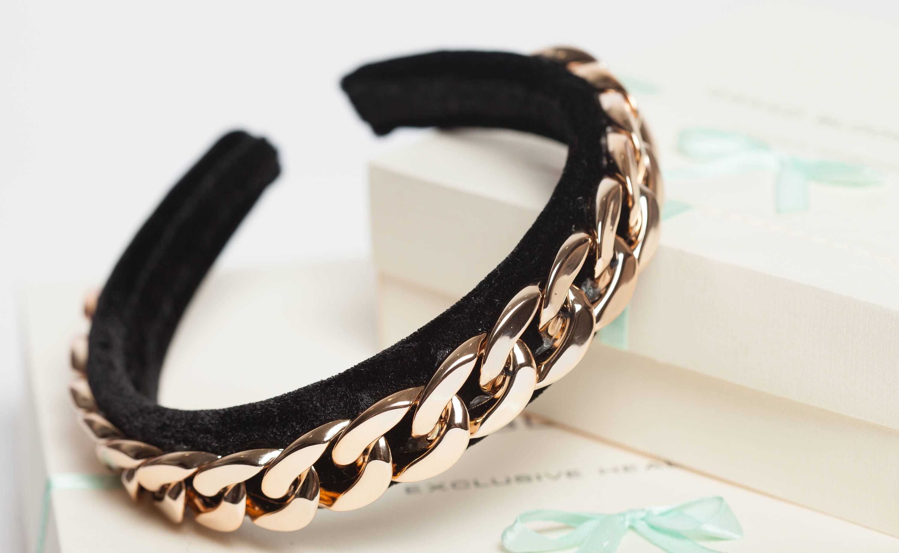 Black Velvet Hairband with Gold tone  Chain Detail Elegant Headband Velvet Headband Embellished With Gold Chain Jeweled Headband  main image 2