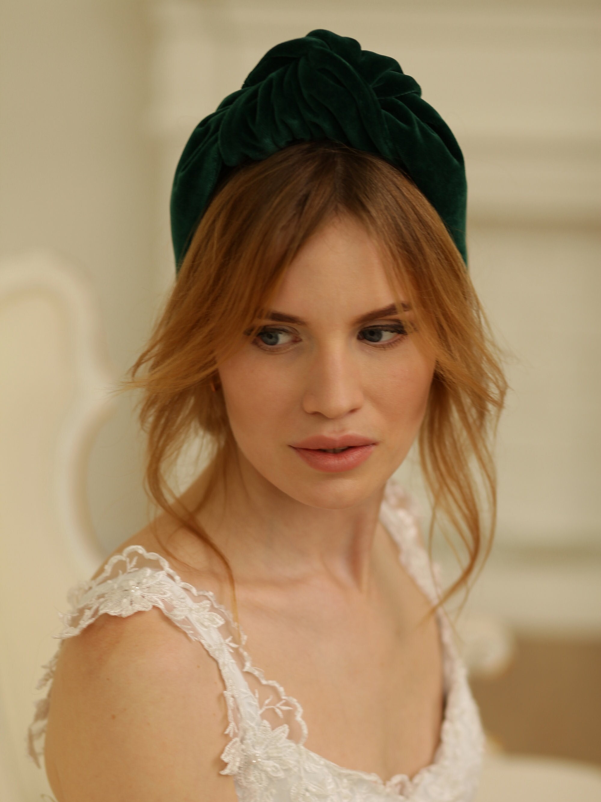 Green Velvet Top Knot Turban Headband: Handmade Cotton Hair  display picture 2