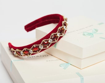 Red Velvet Rhinestone Headband: Embellished Beaded Headpiece