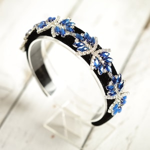 Blue embellished velvet headband Jeweled headband Sparkly headband Crystal headband Rhinestones hairband