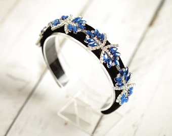 Blue Rhinestone Velvet Headband: Jeweled Hair Accessory