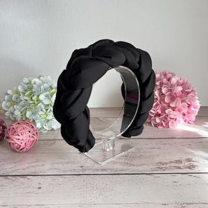 XL black puffy hairband   black braided headband Satin headband black headband   padded braided headband  crown fascinator style halo