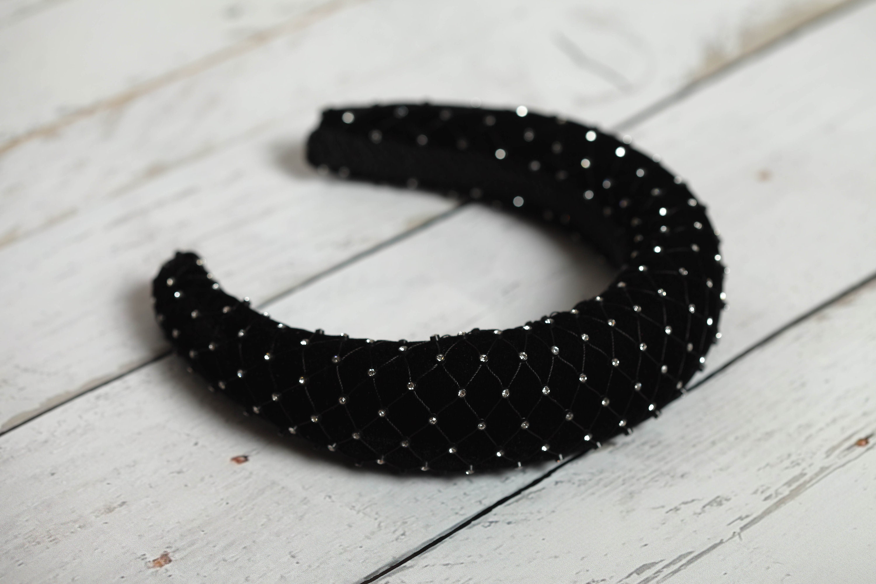 Black Velvet Jewelled Padded Headband With Crystal 4.5 Cm Wide - Etsy