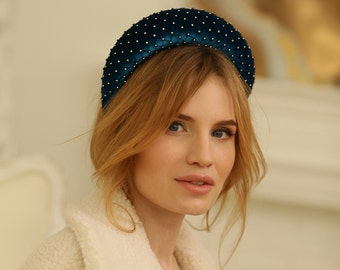 Crystal Rhinestone Padded Halo Headband - Dark Turquoise Velvet