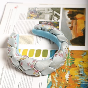 Baby blue satin braided headband Flower print braided hairband Plaited satin headband Powder blue braided headband