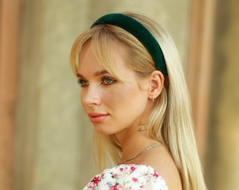 Cotton velvet forest green headband Padded velvet hair band Women alice band 2/2.5/3 cm wide