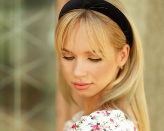 Black Velvet Padded Headband: Handmade Puffy Headband