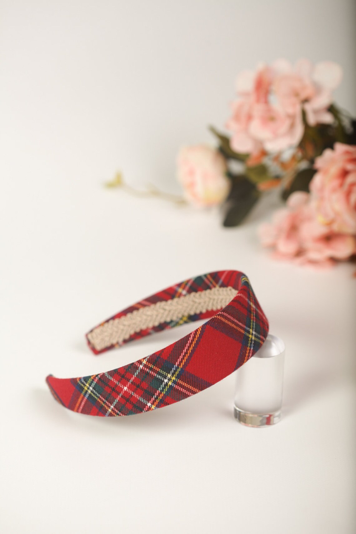 Tartan red plain headband Preppy hair band Narrow check Etsy