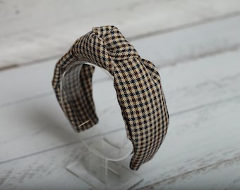 Knotted headband in plaid cotton fabric Plaid cotton wide headband Beige fabric turban headband 6.5 cm wide