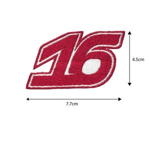 May include: Embroidered patch featuring the number 16 in red with a white outline. The patch measures approximately 3 inches wide and 1.8 inches tall. Ideal for jackets, bags, or other fabric items.