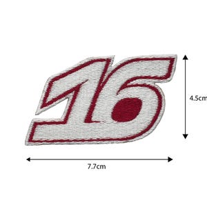 May include: Embroidered patch featuring the number 16 in a stylized design. The patch has a white background with red stitching and a red interior. It measures approximately 3 inches wide and 1.8 inches high.