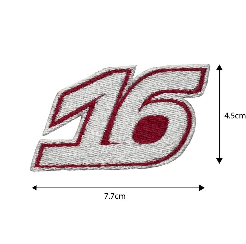 May include: Embroidered patch featuring the number 16 in a stylized design. The patch has a white background with red stitching and a red interior. It measures approximately 3 inches wide and 1.8 inches high.