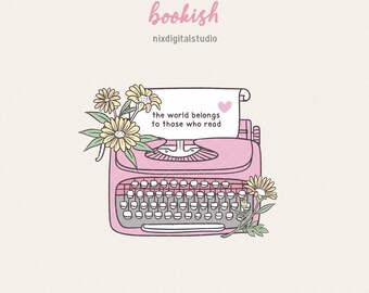 Bookish Girly Clipart, Pink Illustration, Reading Lover Art, Typewriter, Sticker, DIY, Ready to Print (PNG Sublimation)