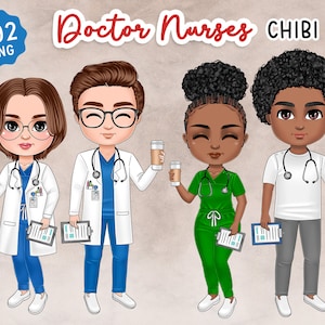 Pacchetto di clipart infermieristiche Chibi, clipart di bambole mediche, PNG di assistenza sanitaria carina, regalo personalizzato per amico infermiere, dottore, sublimazione,